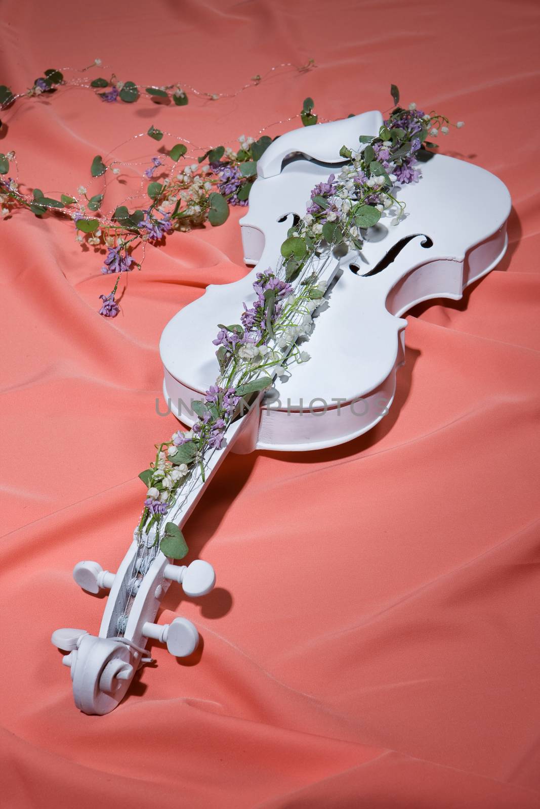 White decorative violin and flower composition