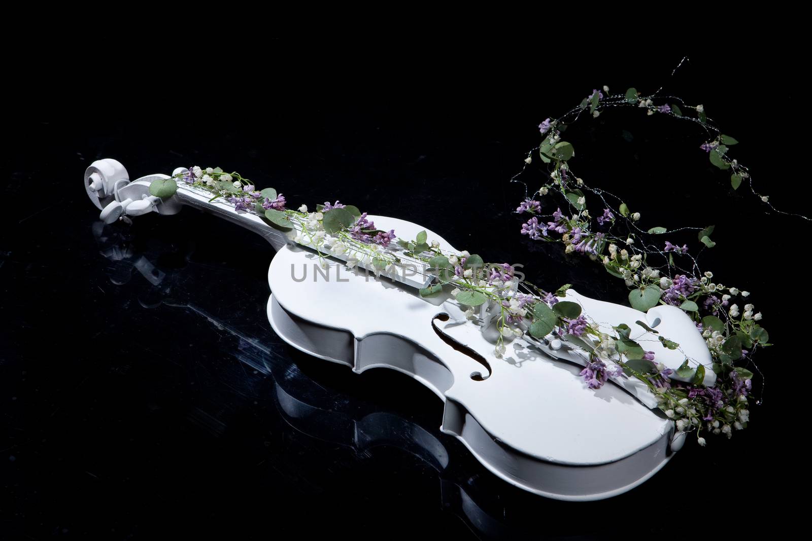 White decorative violin and flower composition