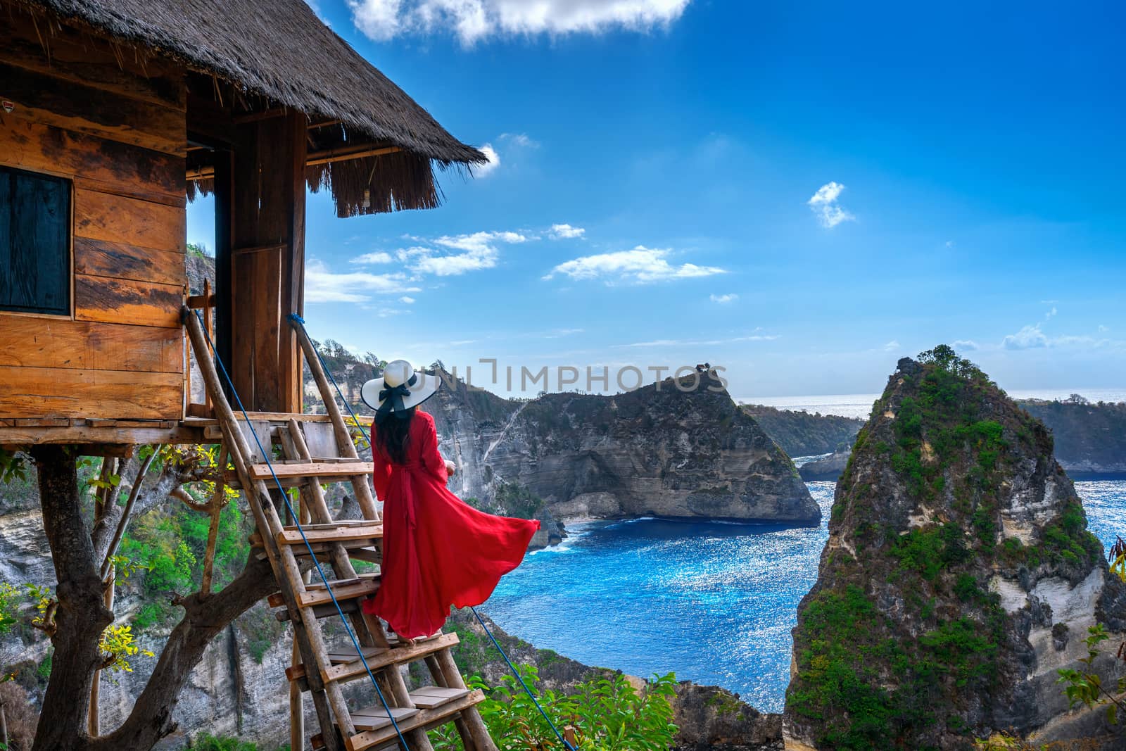 Young girl on steps of house on tree at Atuh beach in Nusa Penida island, Bali in Indonesia. by gutarphotoghaphy