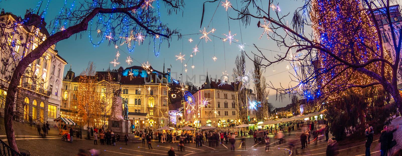 Romantic Ljubljana's city center decorated for Christmas holidays. Preseren's square, Ljubljana, Slovenia, Europe.