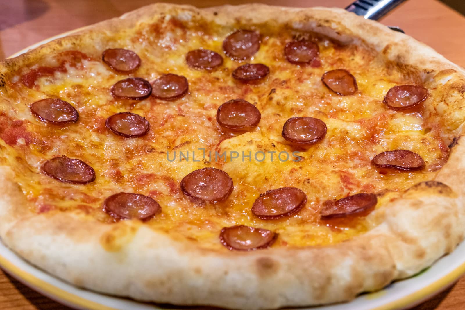 Chorizo sausage pizza with cheese in plate