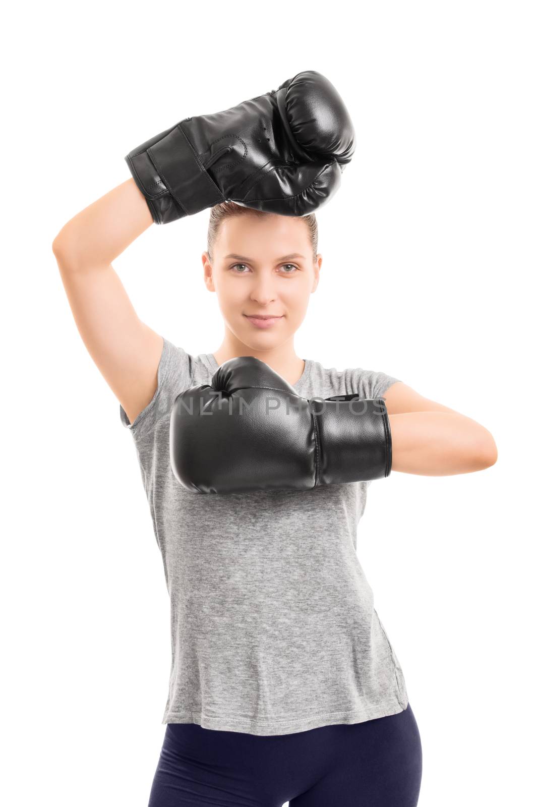 Beautiful young girl with black boxing gloves by Mendelex