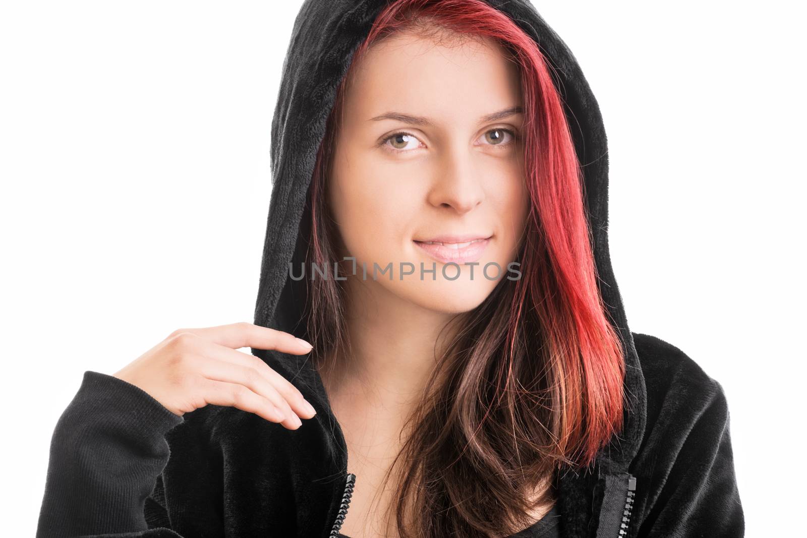 A close up shot of a beautiful young girl in a black hoodie, isolated on white background.