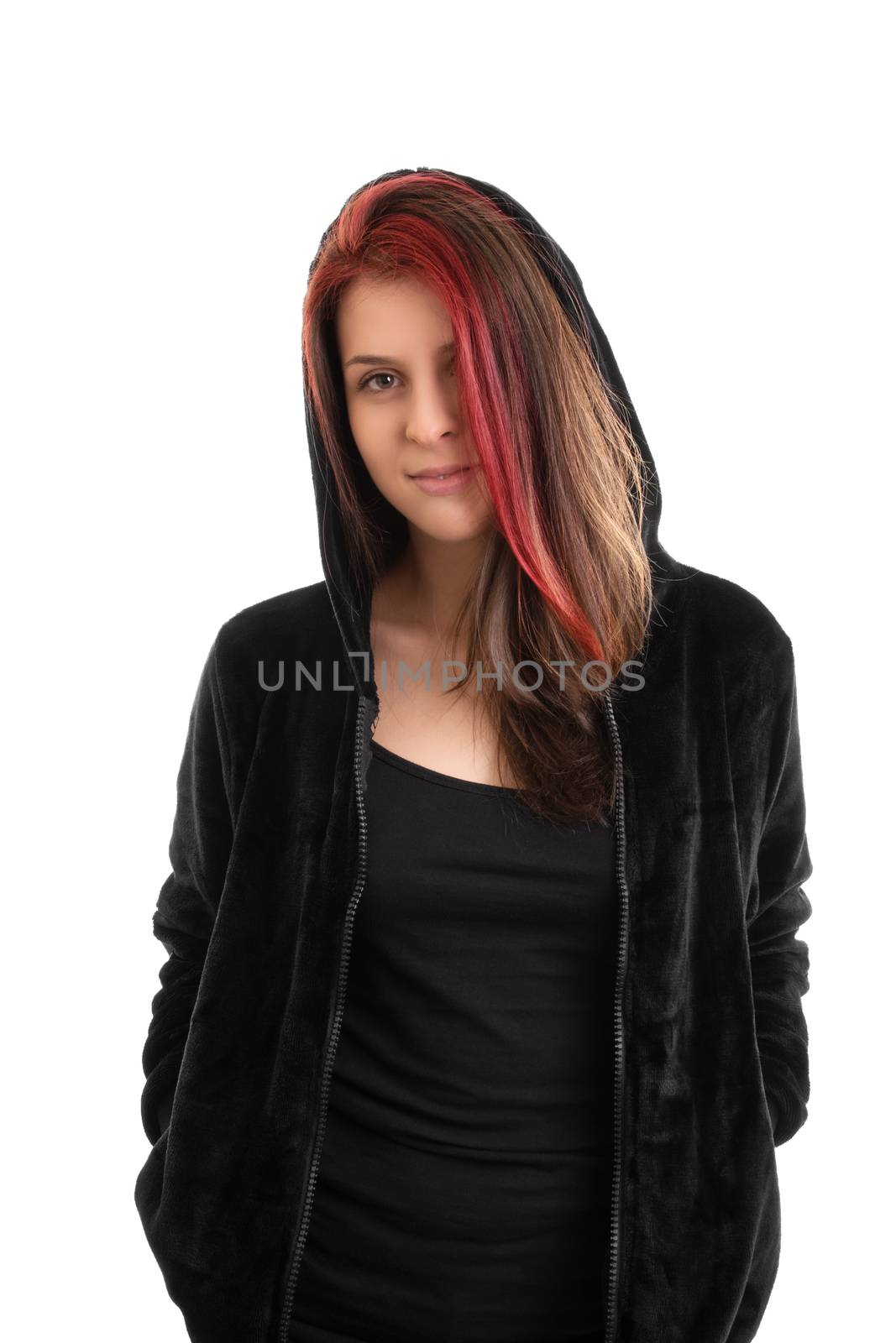 Portrait of a beautiful young girl in a hooded sweatshirt, isolated on white background.