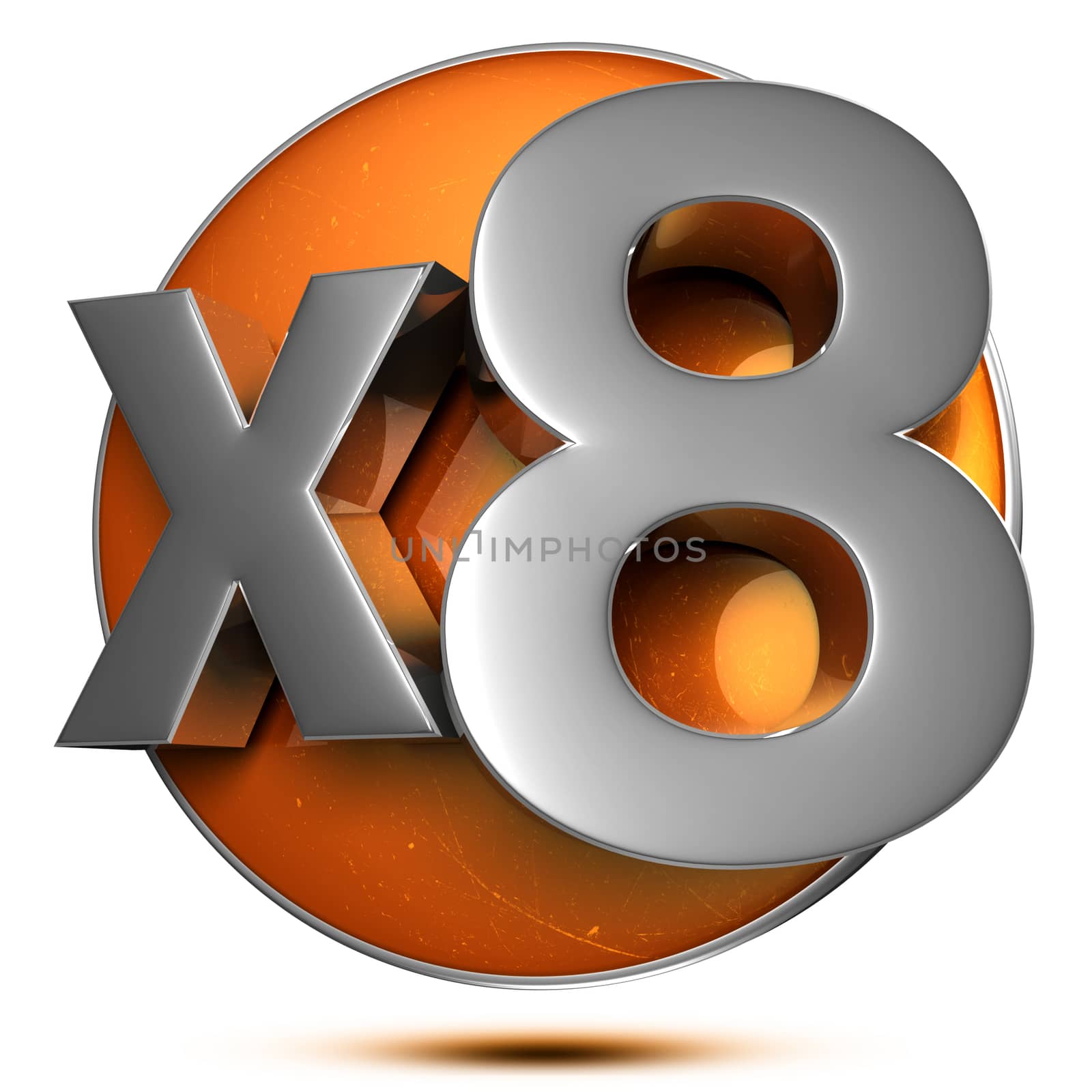 x8 3d rendering on the orange circle behind the white background .(with Clipping Path).