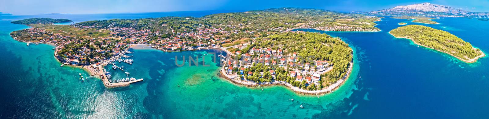 Lumbarda on Korcula island archipelago aerial panoramic view, southern Dalmatia, Croatia