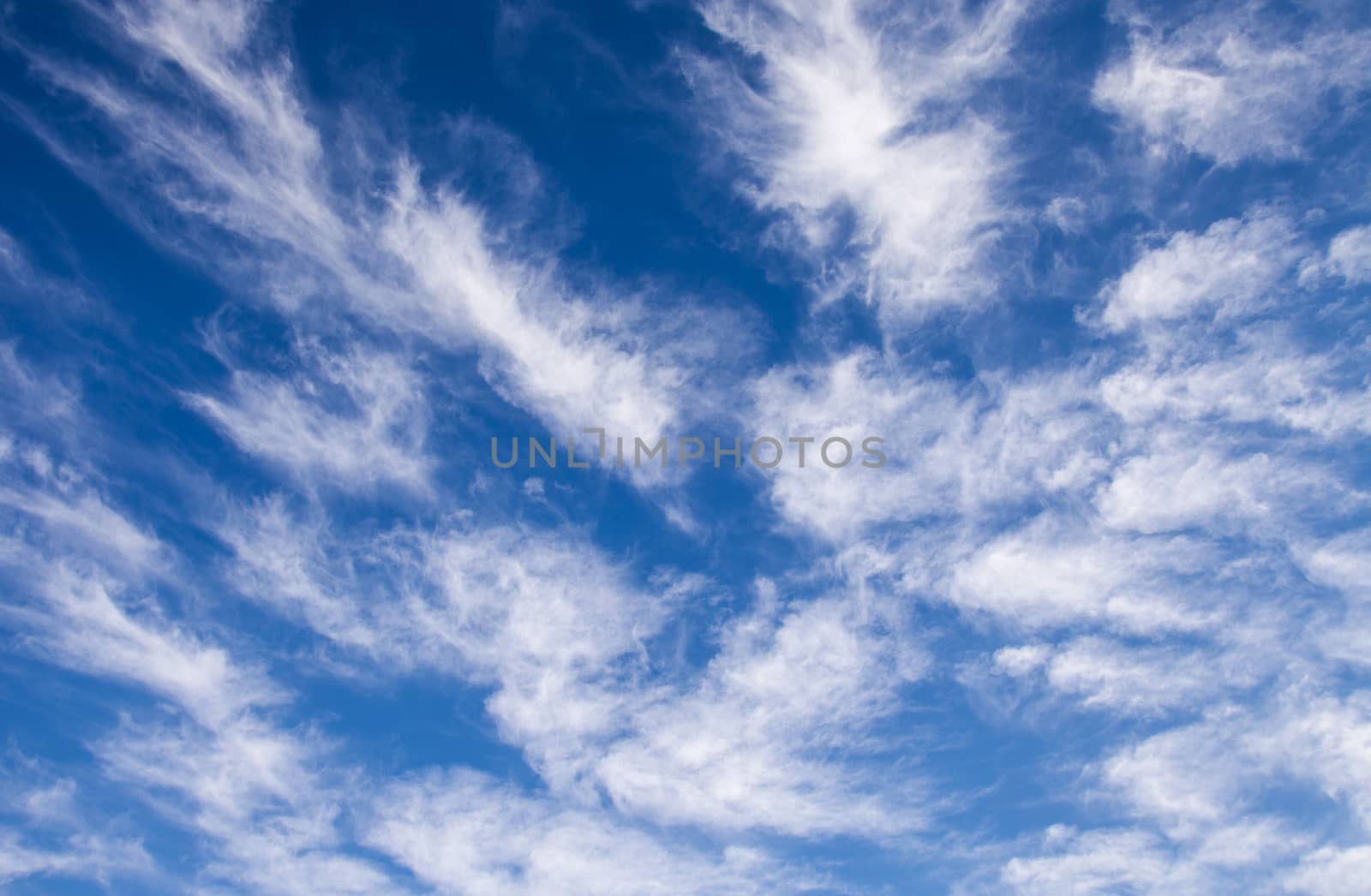 Feathery white Cirrus clouds in a blue sky