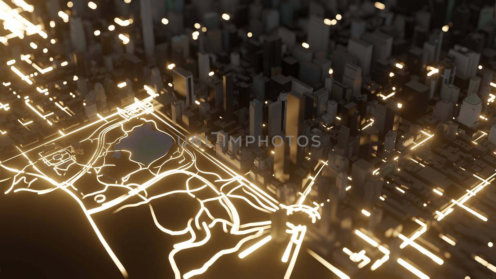 Modern city traffic road at night. Cyberpunk style 3D illustration