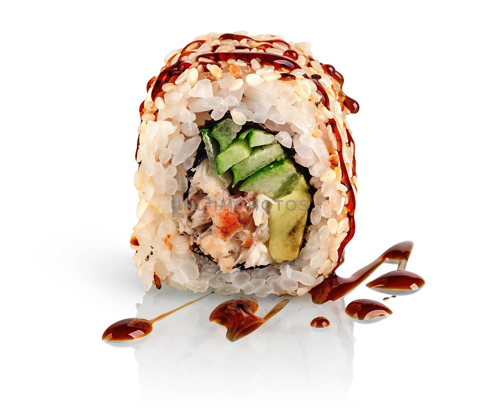 In front sushi roll california food isolated on white background. Sushi roll with eel, vegetables and unagi sauce. Reflection.