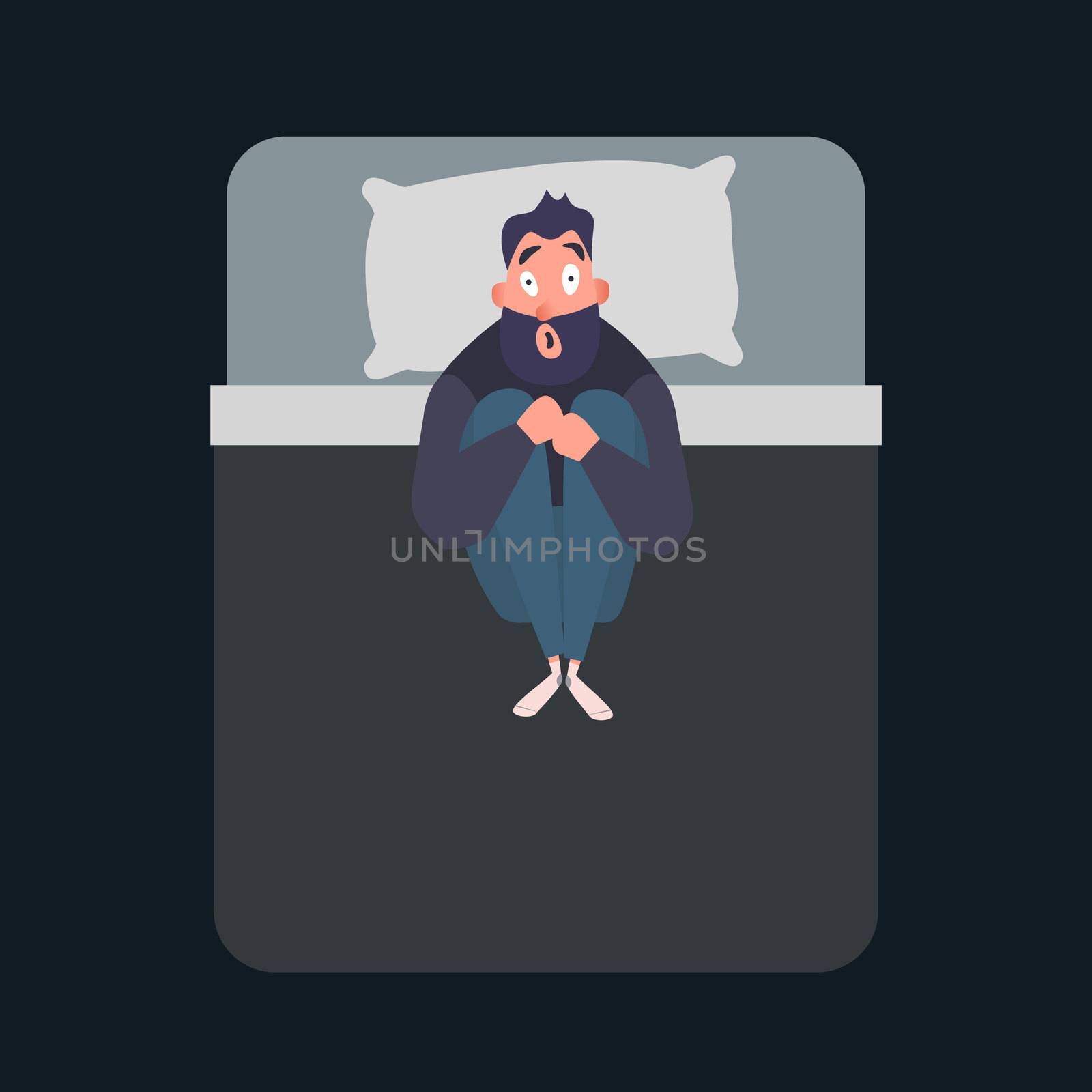 Frightened man character. Panic attack. Fear, phobia concept. Mental disorder flat illustration. Male suffers from nightmares and insomnia. by Elena_Garder