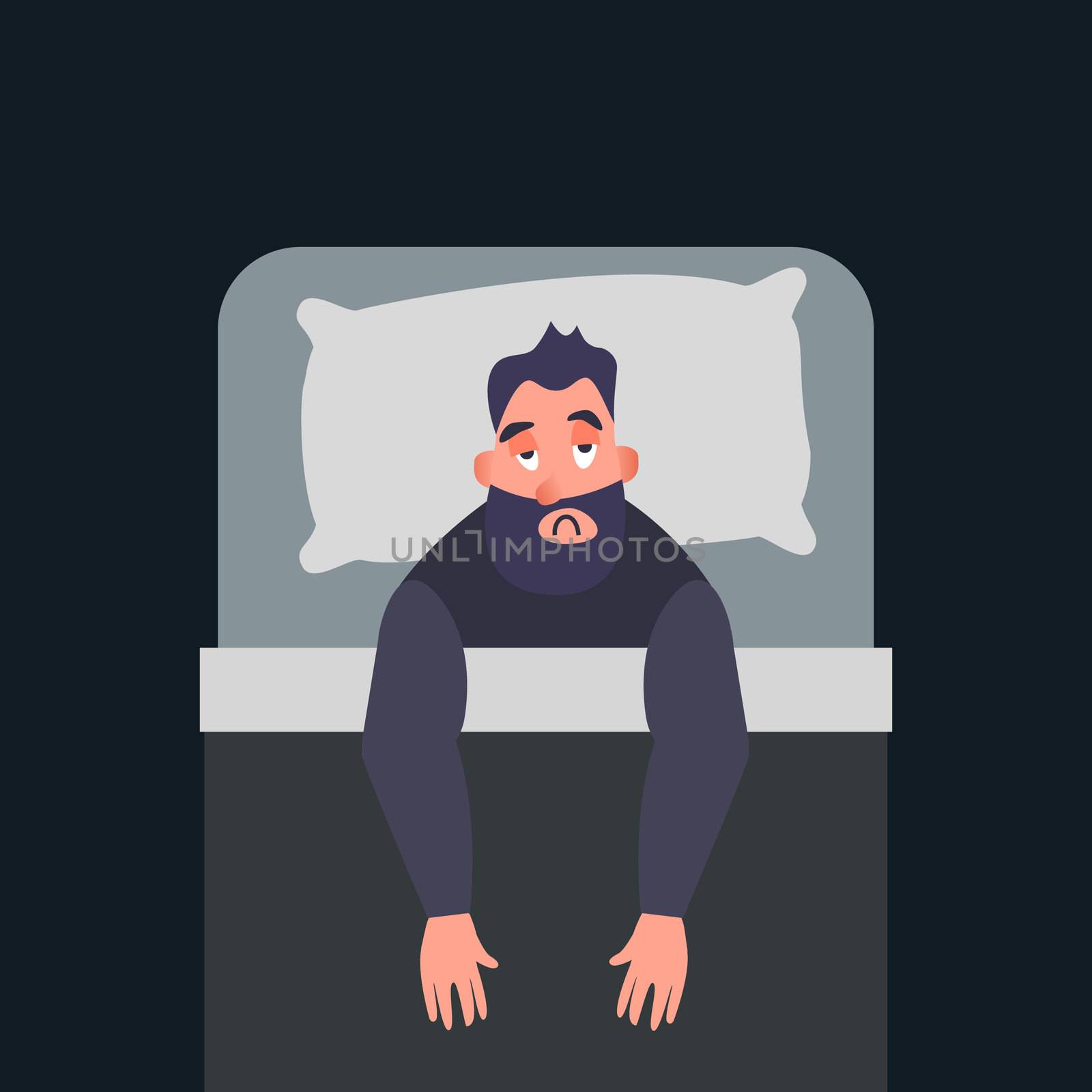 Sleepless Insomnia concept art. Tired man on the bed can not sleep. Stress male character. Inscription insomnia. Insomnious cartoon guy.