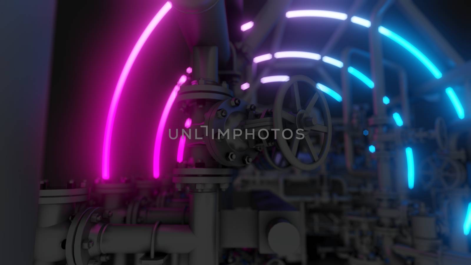 Abstract Industrial Equipment with Neon Lights. Ultraviolet light. 3D illustration