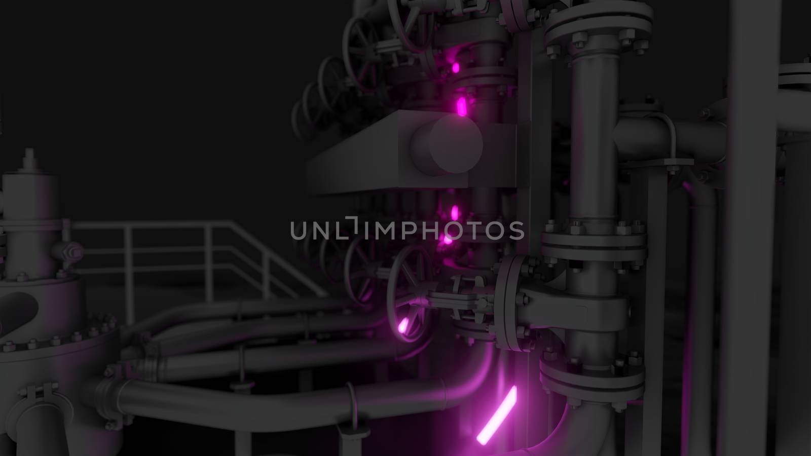 Abstract Industrial Equipment with Neon Lights. Ultraviolet light. 3D illustration