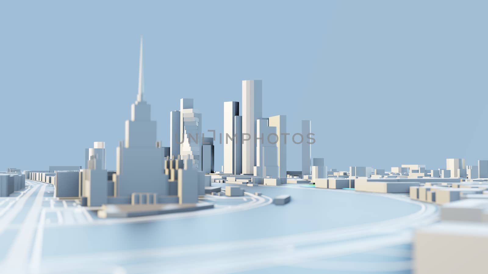 3D illustration. White Futuristic City in sunny day. Sky background