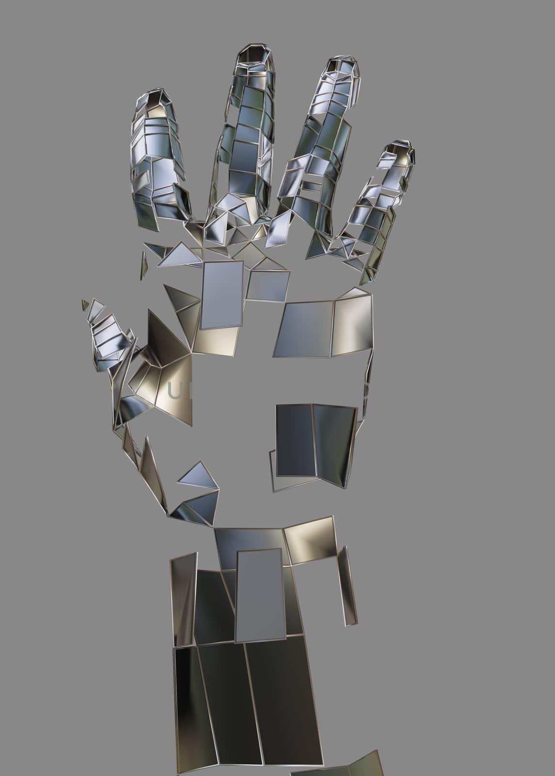 Abstract robot hand. Metal hand on grey background. 3D illustration