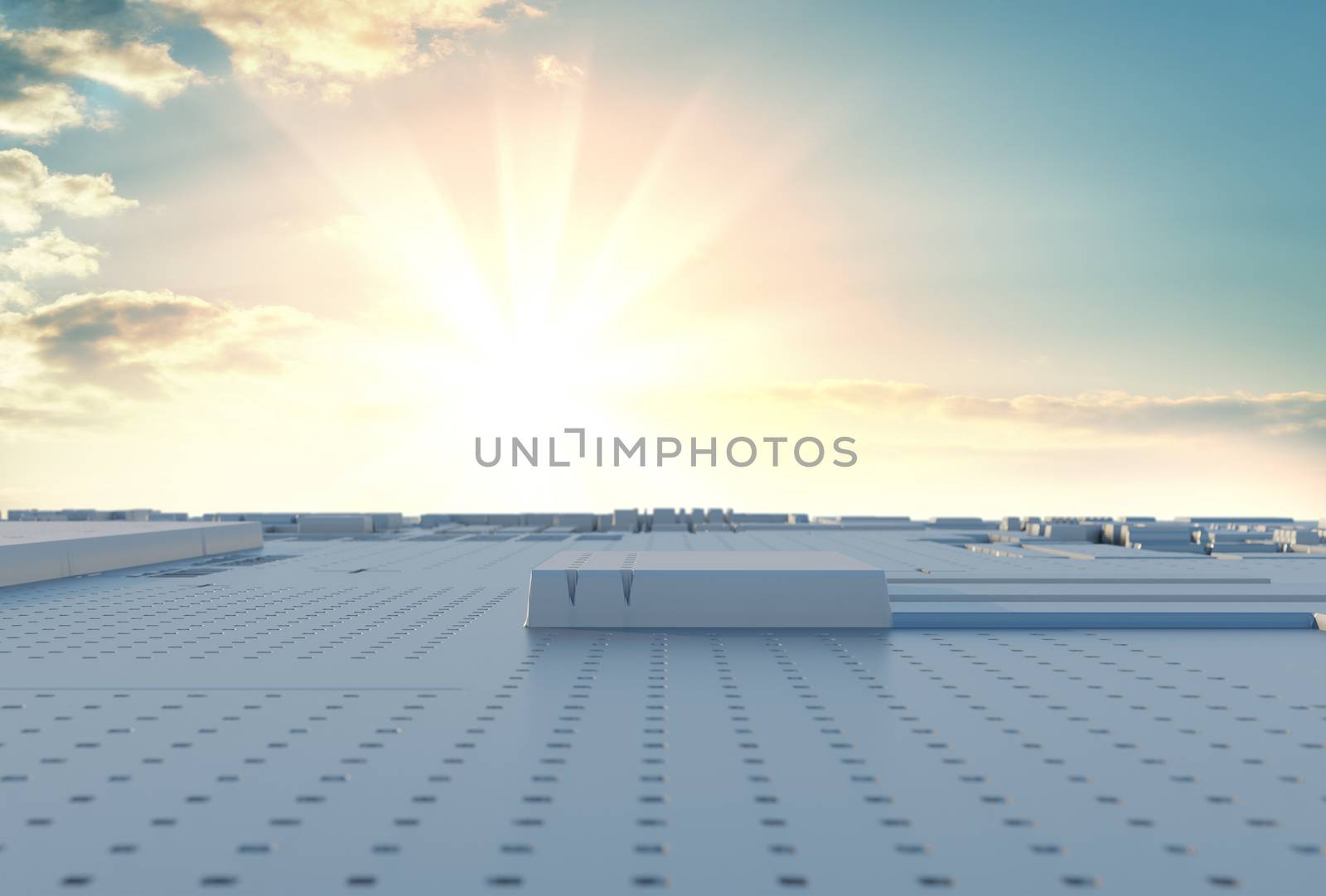 Abstract futuristic surface of a spaceship against the backdrop of dramatic sunset or sunrise. Beautiful background for your tech design. Cubes, reflection. 3D illustration