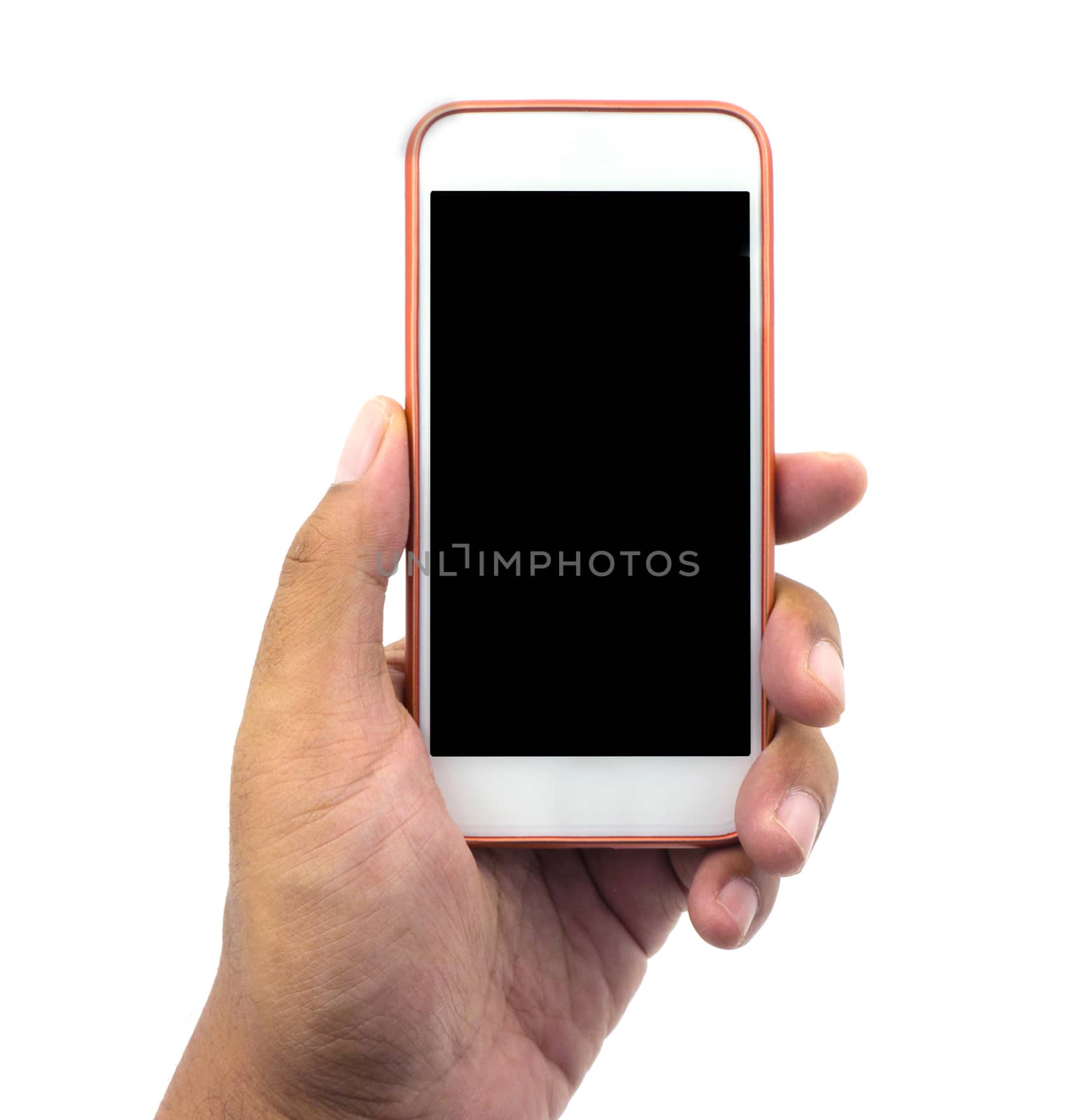 Hand holding white smart phone isolated over white background.