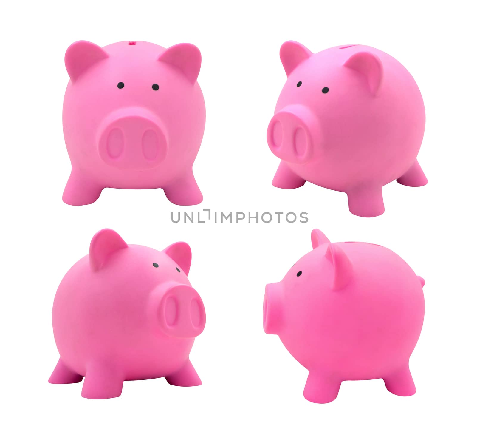 Pink piggy bank collection set made from plastic isolated on white background for your business concept design.