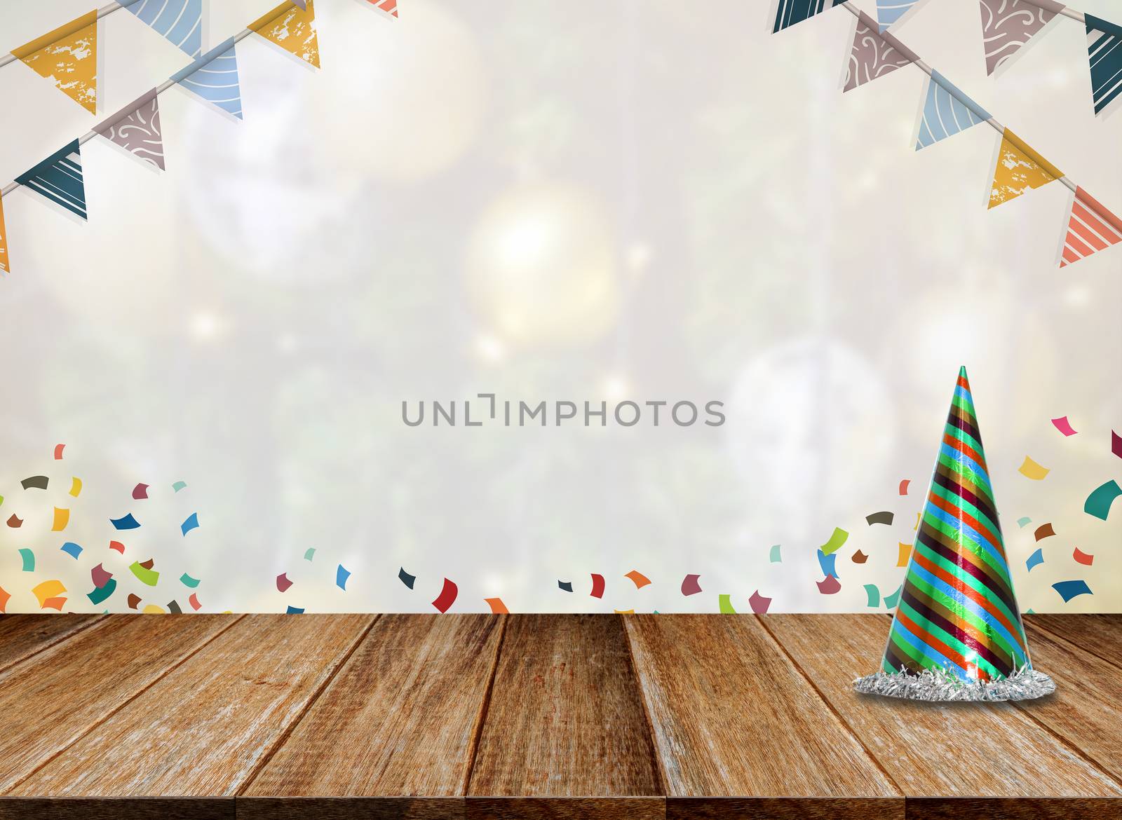 Background of Wood table top on colorful bokeh at night for New Year 2018 and Merry Christmas Celebration.