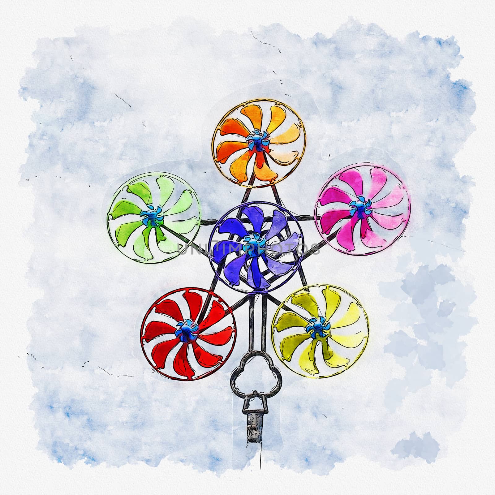 Illustration or watercolor paint of Colorful pinwheel against blue sky with clouds.