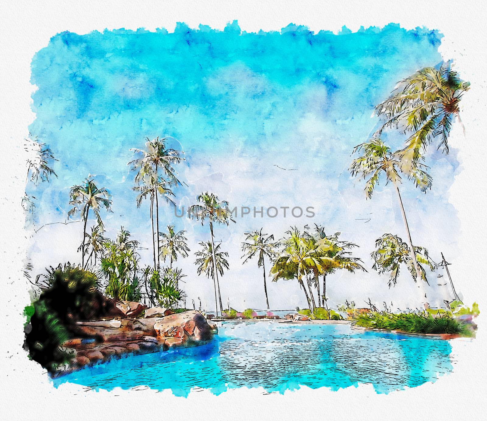 watercolor and illustration of tropical beach resort.