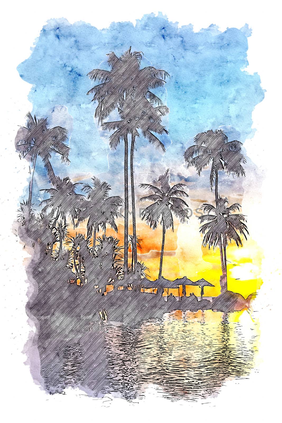 watercolor and illustration of Sunset at tropical beach resort.