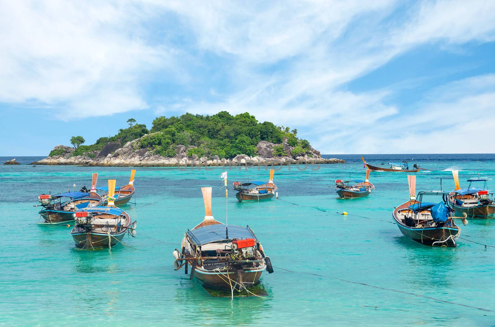 Many long-tailed boat on Sunrise Beach, Koh LIPE, Thailand.