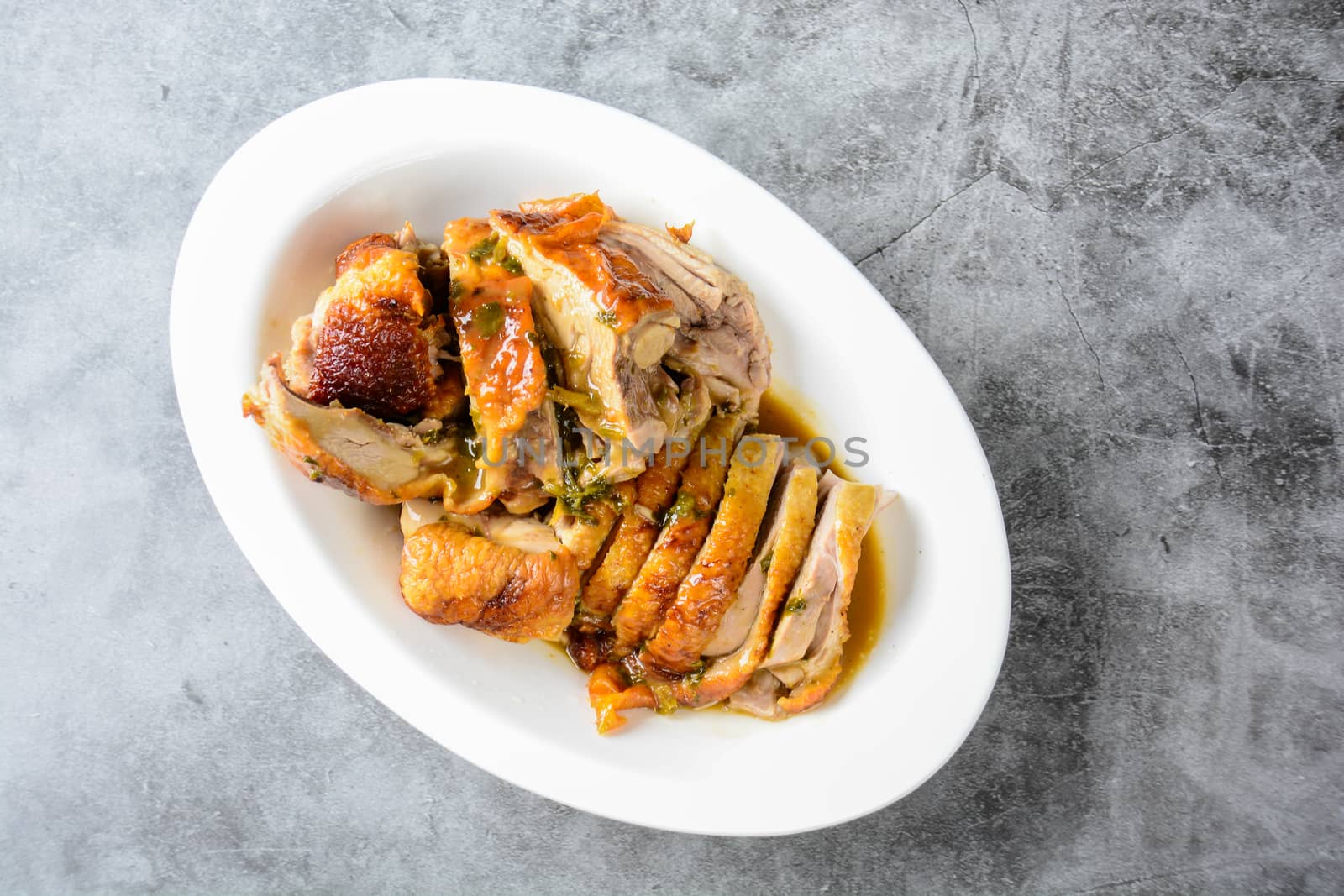 Roasted duck noodles, green noodles with roasted duck, Asian foods
