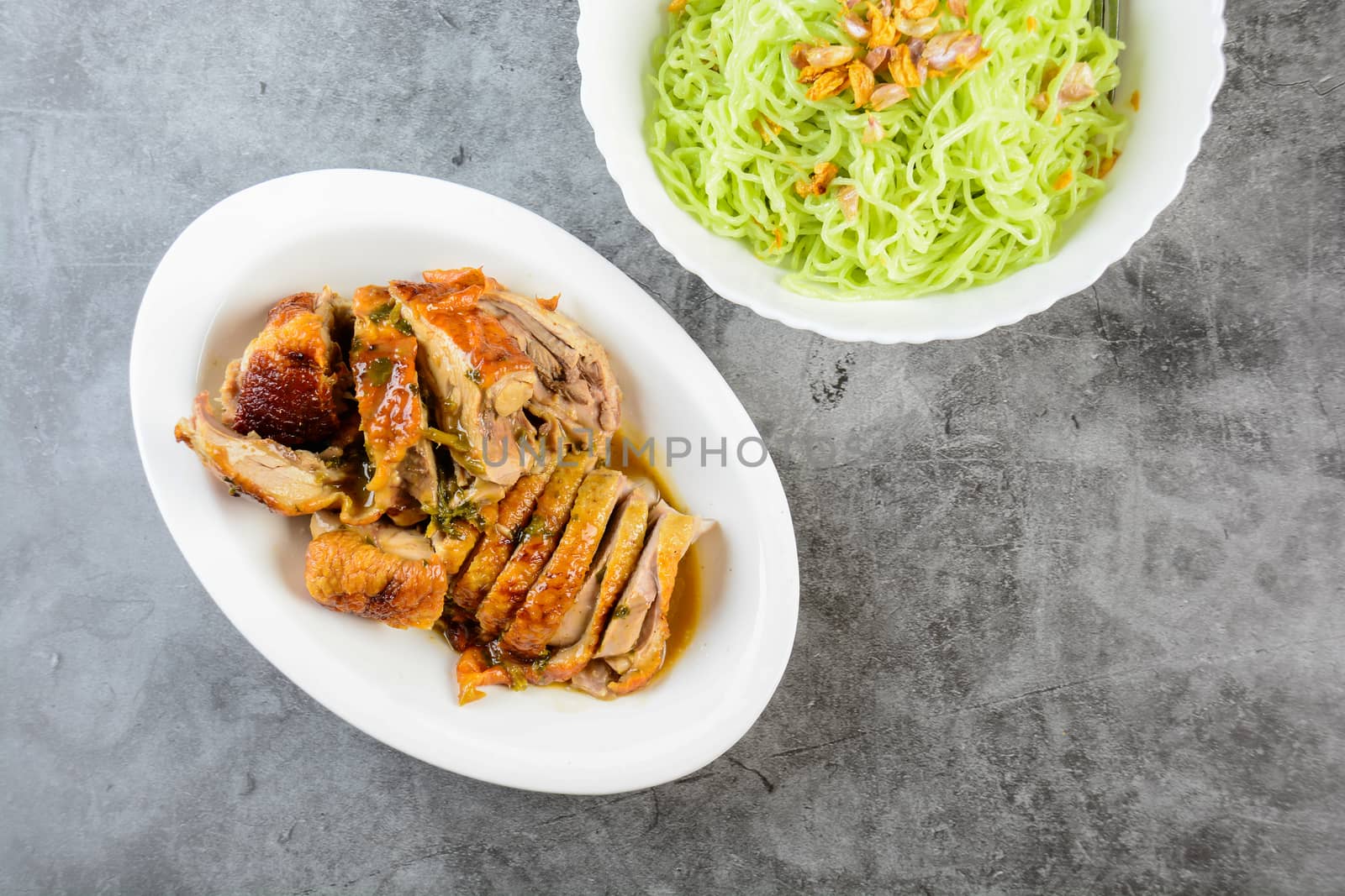 Roasted duck noodles, green noodles with roasted duck, Asian foo by yuiyuize