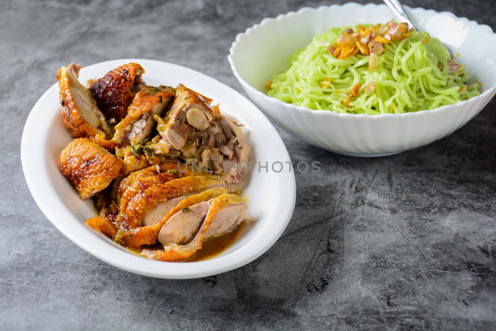 Roasted duck noodles, green noodles with roasted duck, Asian foo by yuiyuize