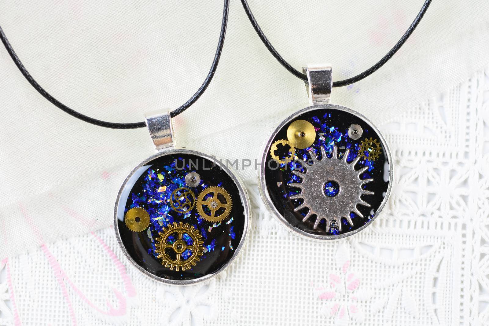 Steam Punk Style Pendant Necklace, Resin Art Multi Color Necklace, Resin pendant with cogs and timepiece
