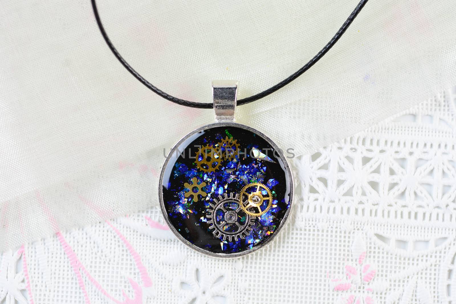 Steam Punk Style Pendant Necklace, Resin Art Multi Color Necklace, Resin pendant with cogs and timepiece
