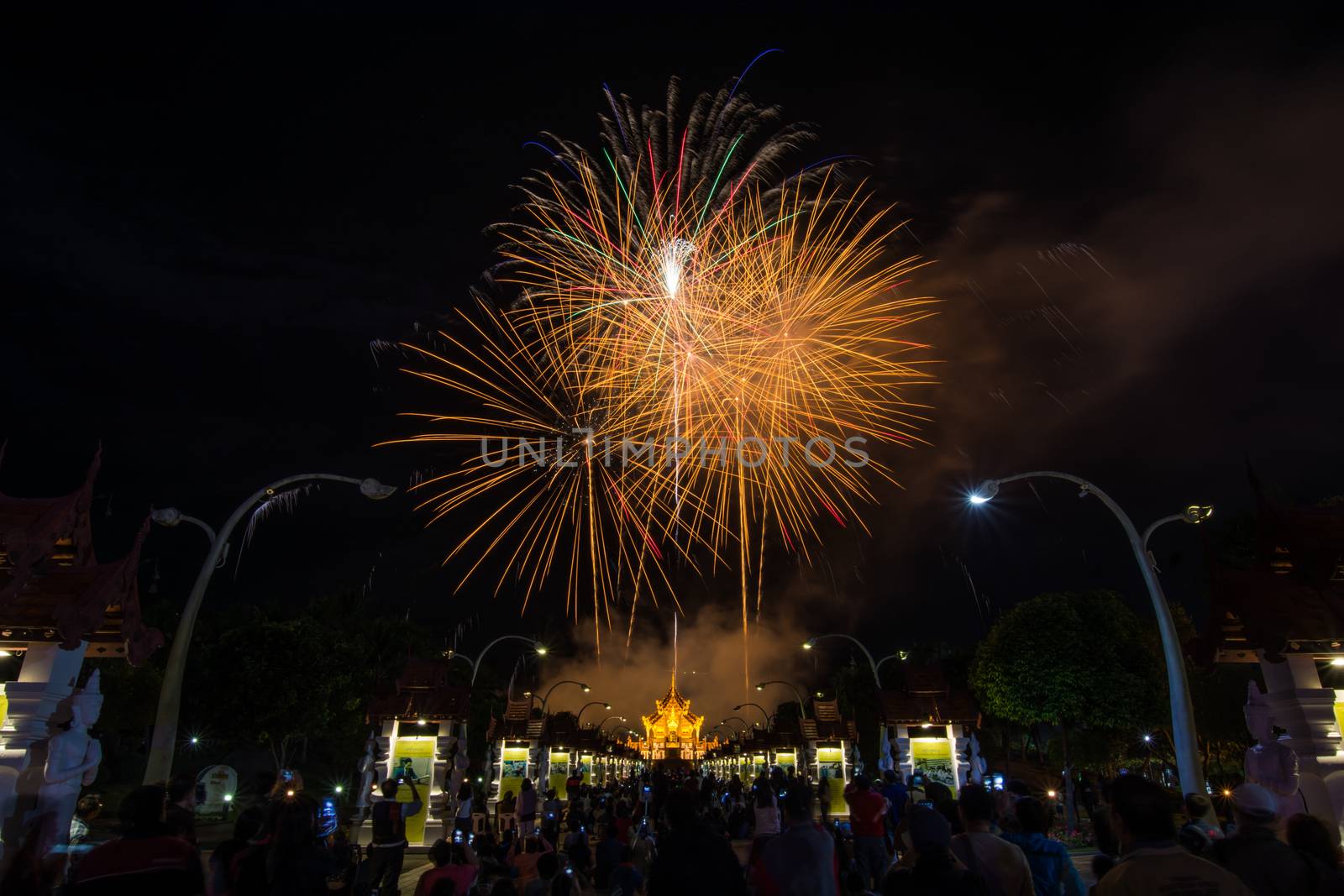 Colorful Rainbow Fireworks in the New Year 2018 Events at Royal Flora Ratchaphruek, Chiang Mai, Thailand
