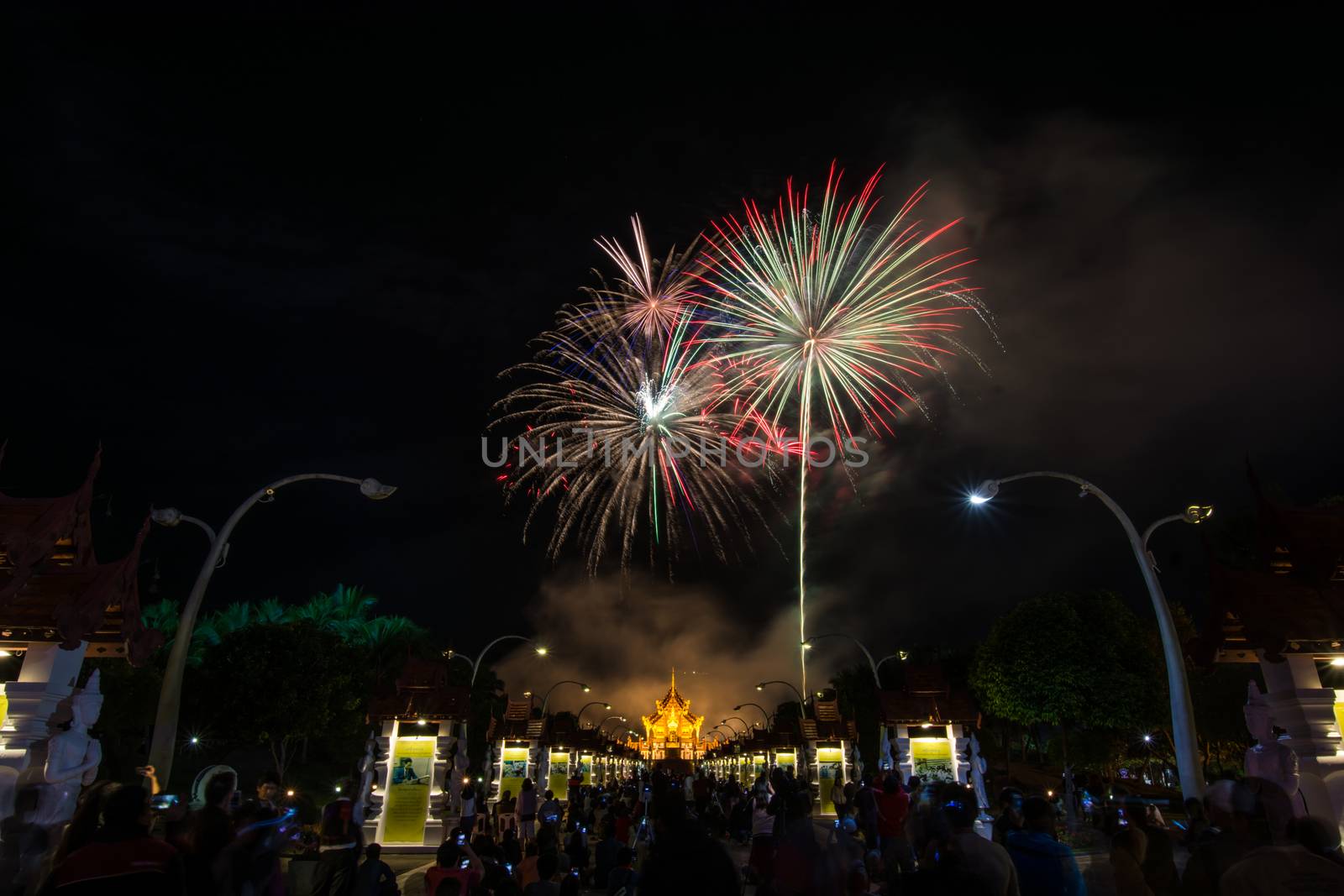 Colorful Rainbow Fireworks in the New Year 2018 Events at Royal Flora Ratchaphruek, Chiang Mai, Thailand
