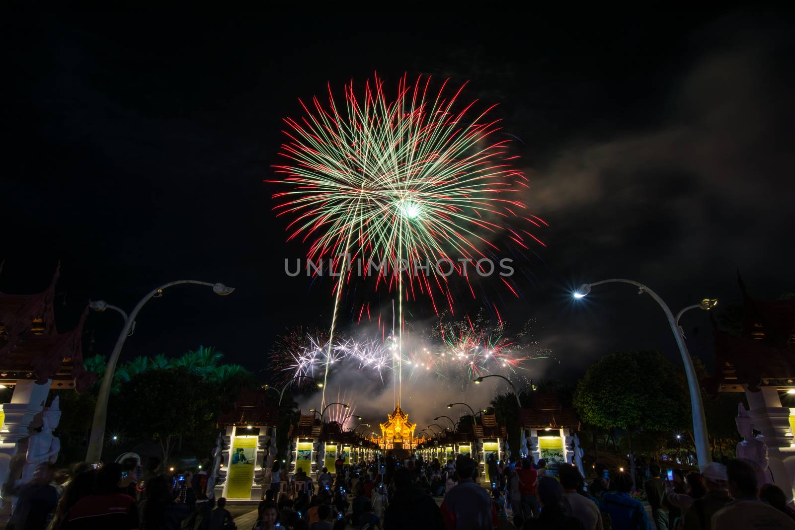 Colorful Rainbow Fireworks in the New Year 2018 Events at Royal Flora Ratchaphruek, Chiang Mai, Thailand
