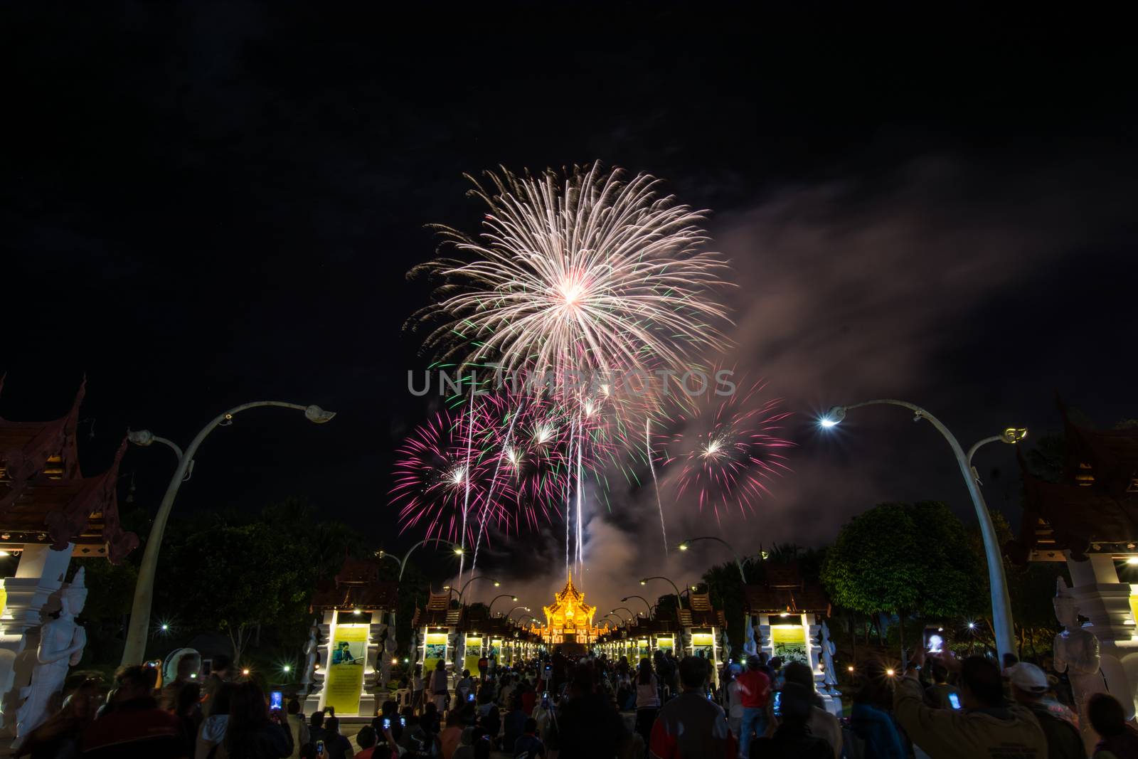 Colorful Rainbow Fireworks in the New Year 2018 Events at Royal Flora Ratchaphruek, Chiang Mai, Thailand
