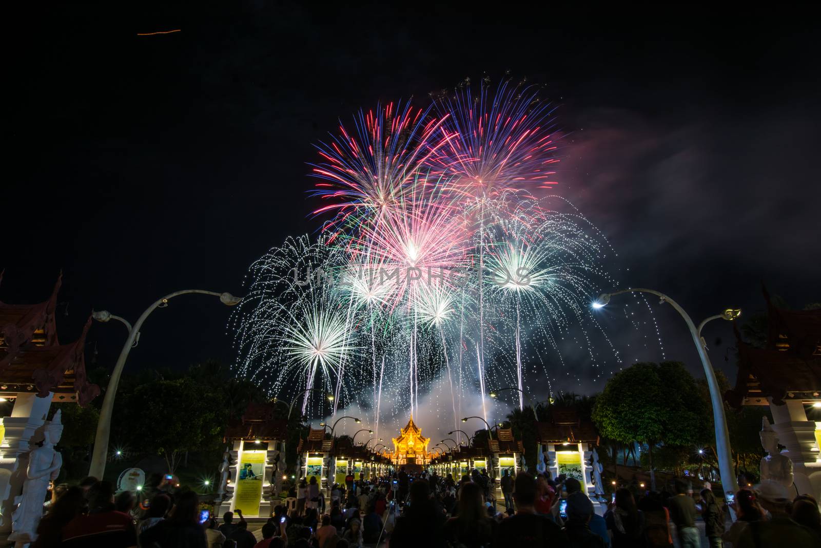 Colorful Rainbow Fireworks in the New Year 2018 Events at Royal Flora Ratchaphruek, Chiang Mai, Thailand
