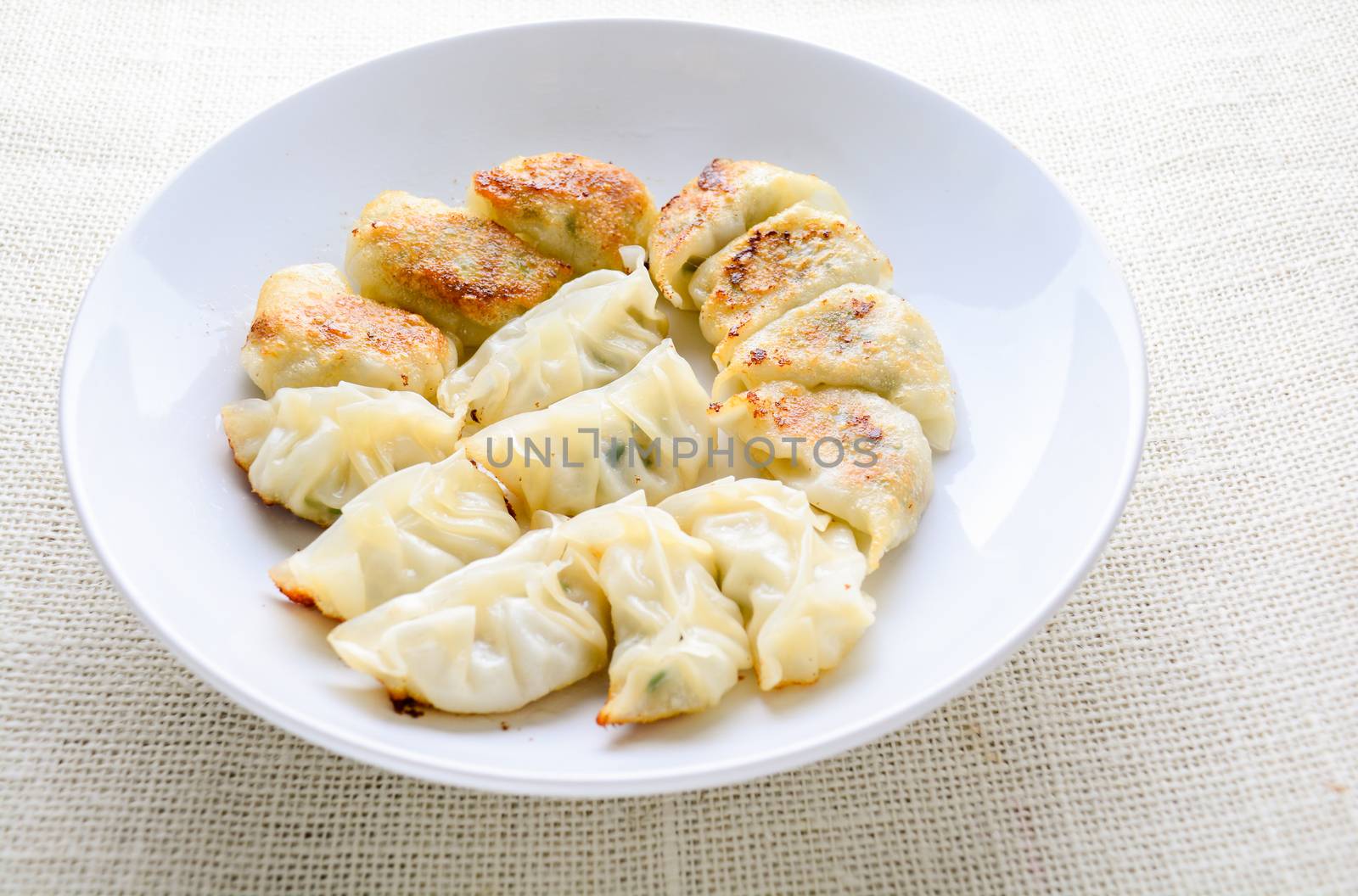 Japanese Fried Dumplings, the half moon-shaped dumplings served in Asian restaurants as an appetiser or side dish, pork and vegetable filling.
