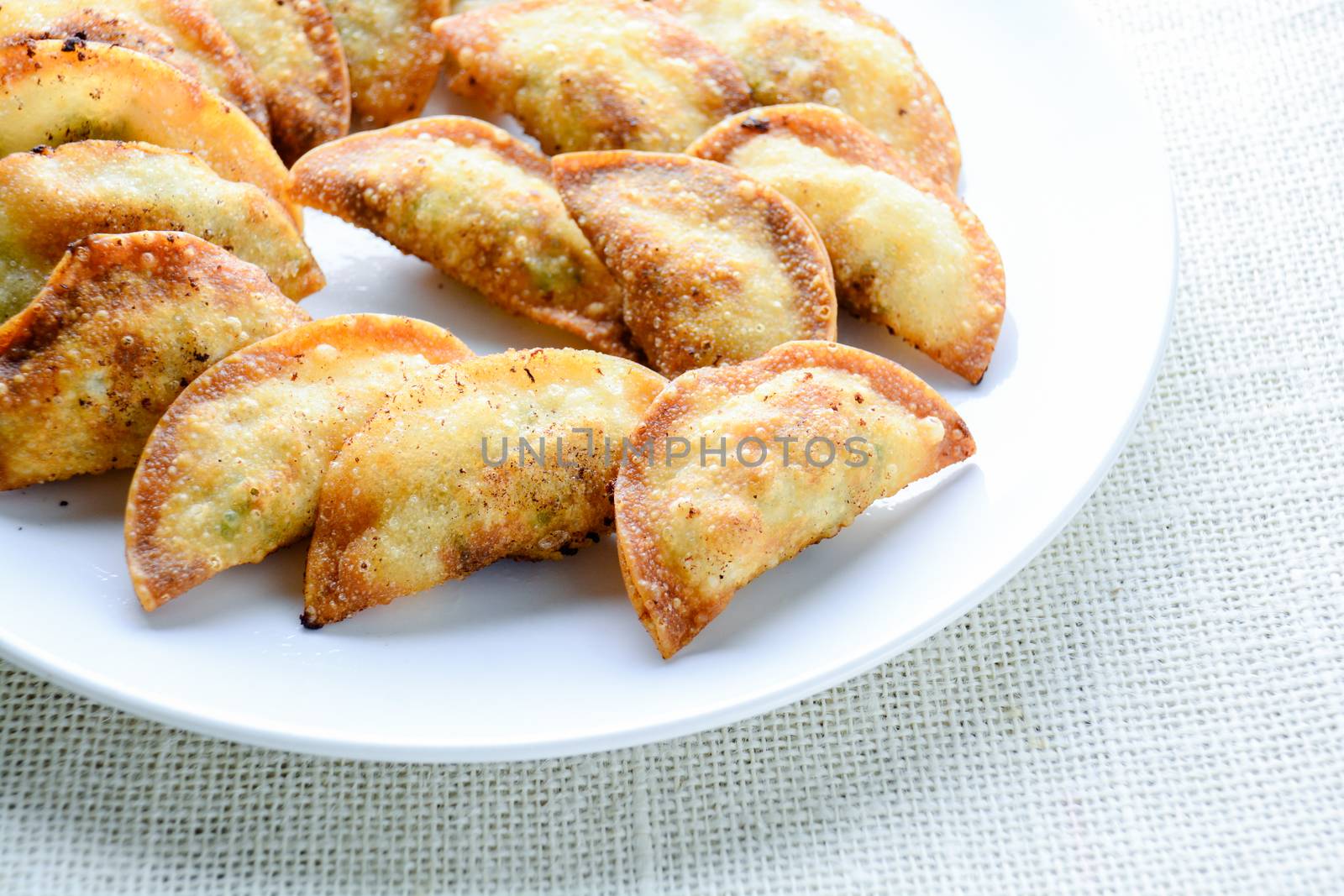 Japanese Fried Dumplings, the half moon-shaped dumplings served in Asian restaurants as an appetiser or side dish, pork and vegetable filling.
