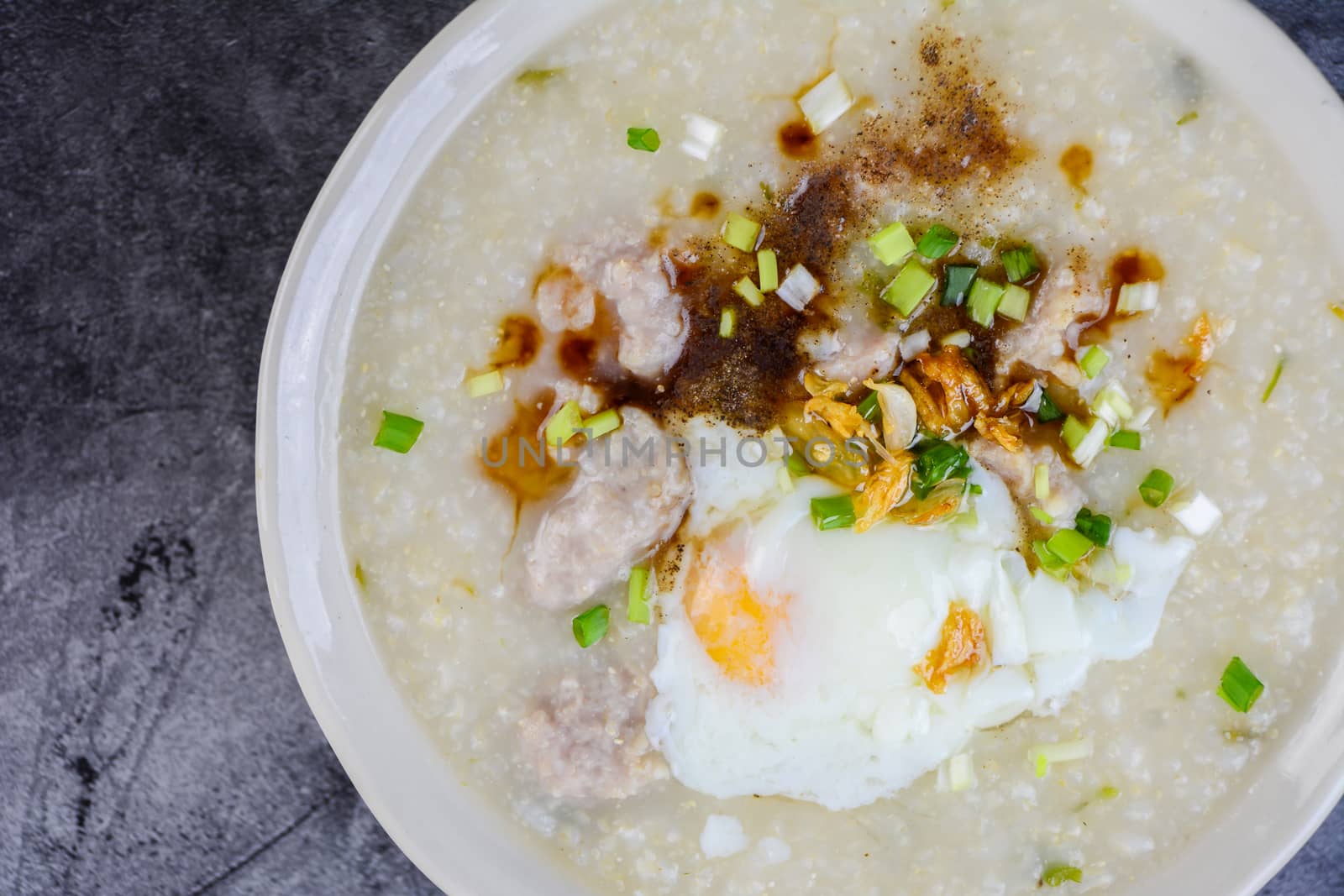 Congee, Rice porridge with minced pork, boiled egg, great for breakfast.
