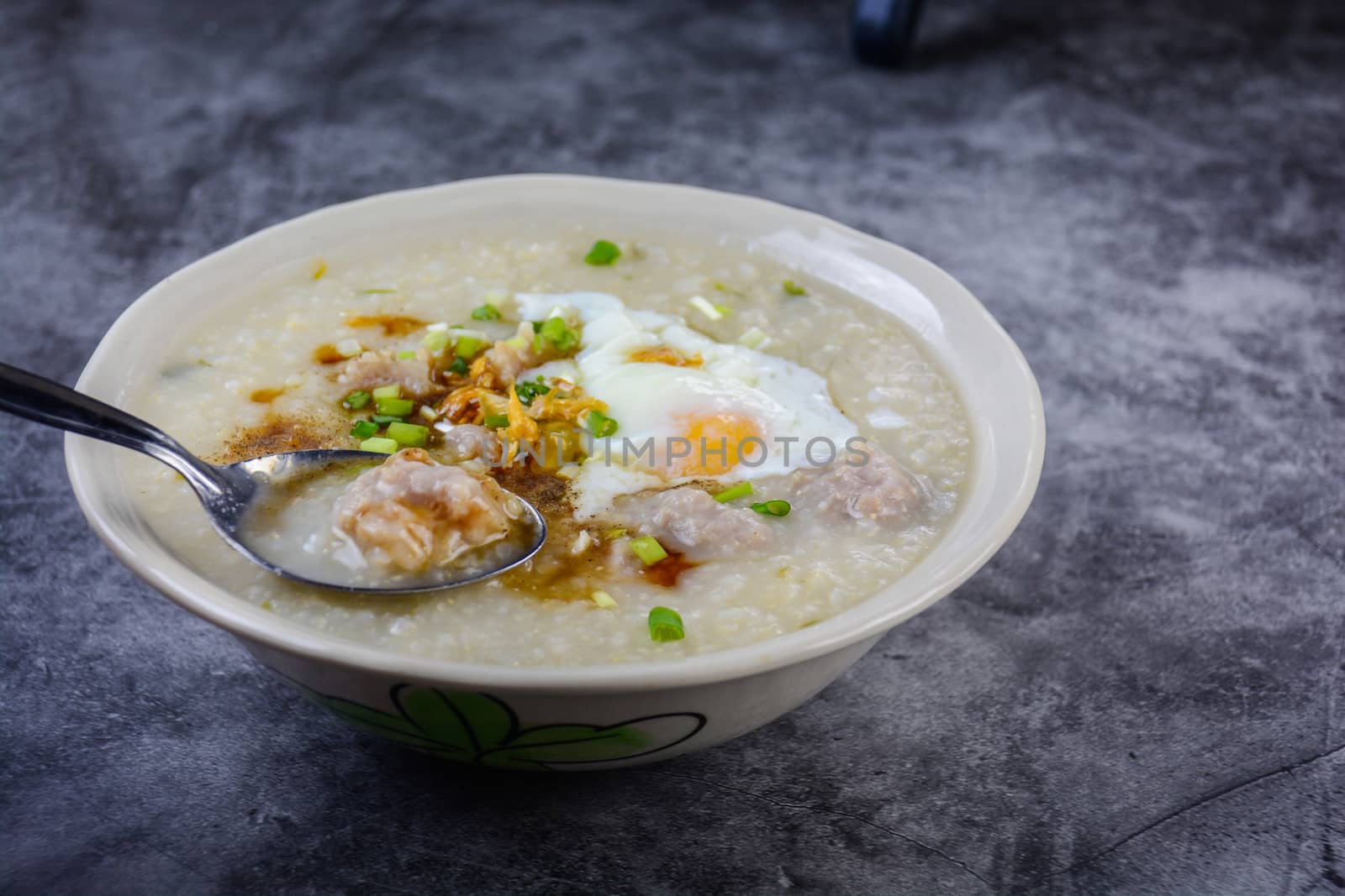 Congee, Rice porridge with minced pork, boiled egg, great for breakfast.
