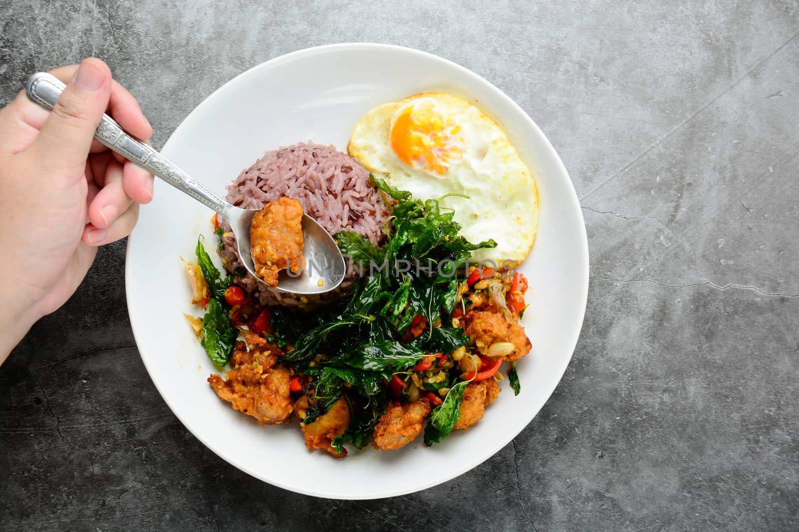 Crispy chicken cooked with green basil, served with steamed rice and fried egg, hot and spicy dish with basil leaves.
