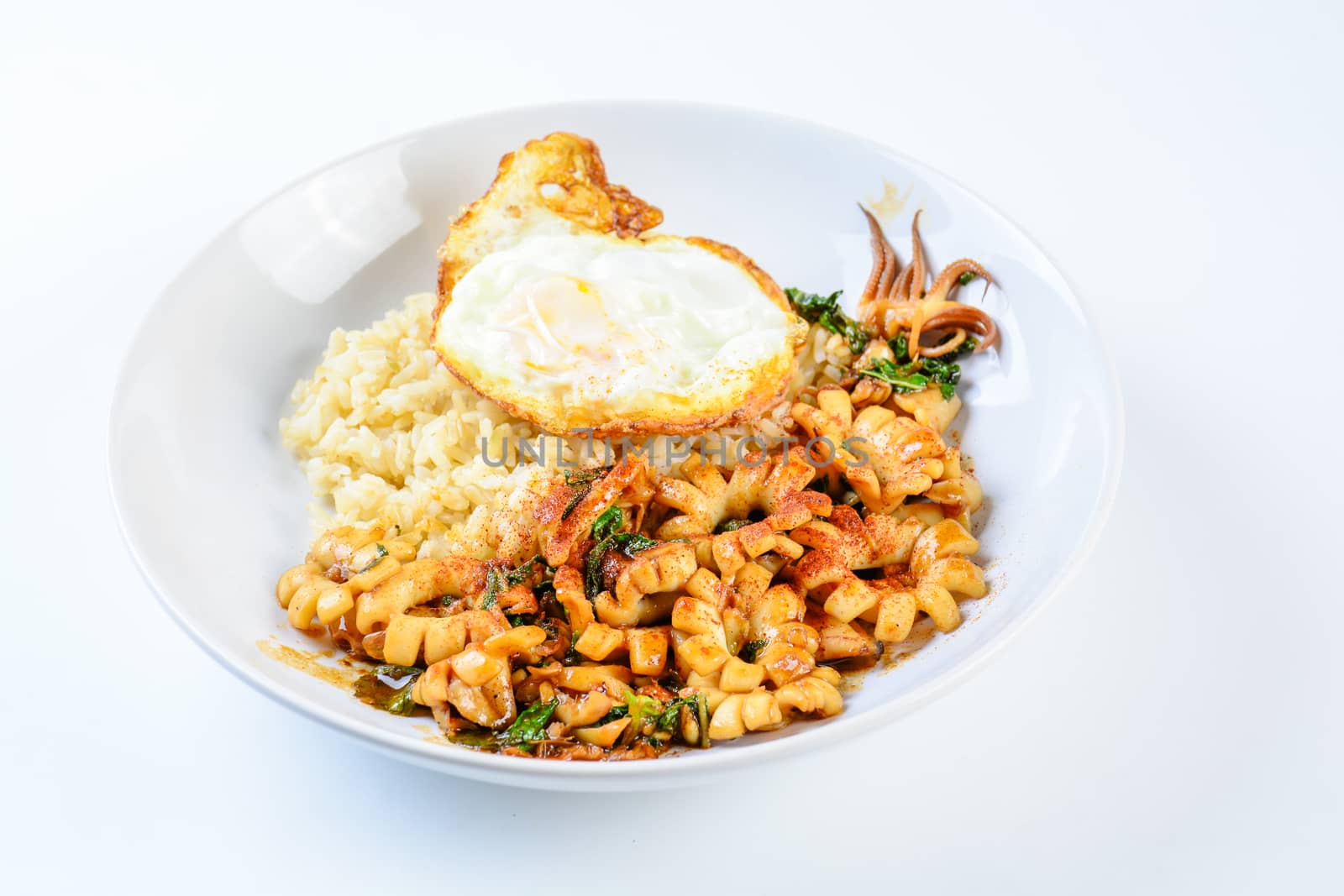 Spicy stir fried squid with basil leaves and chili, Sunny side up egg, served with brown rice. Hot and spicy dish.