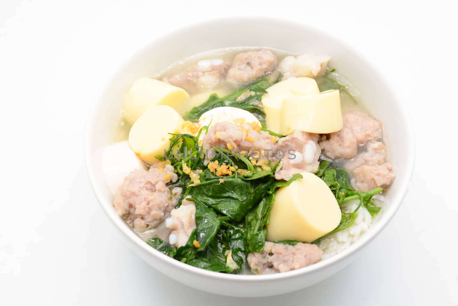 Boiled rice with pork, ivy gourd leaves and soft tofu by yuiyuize