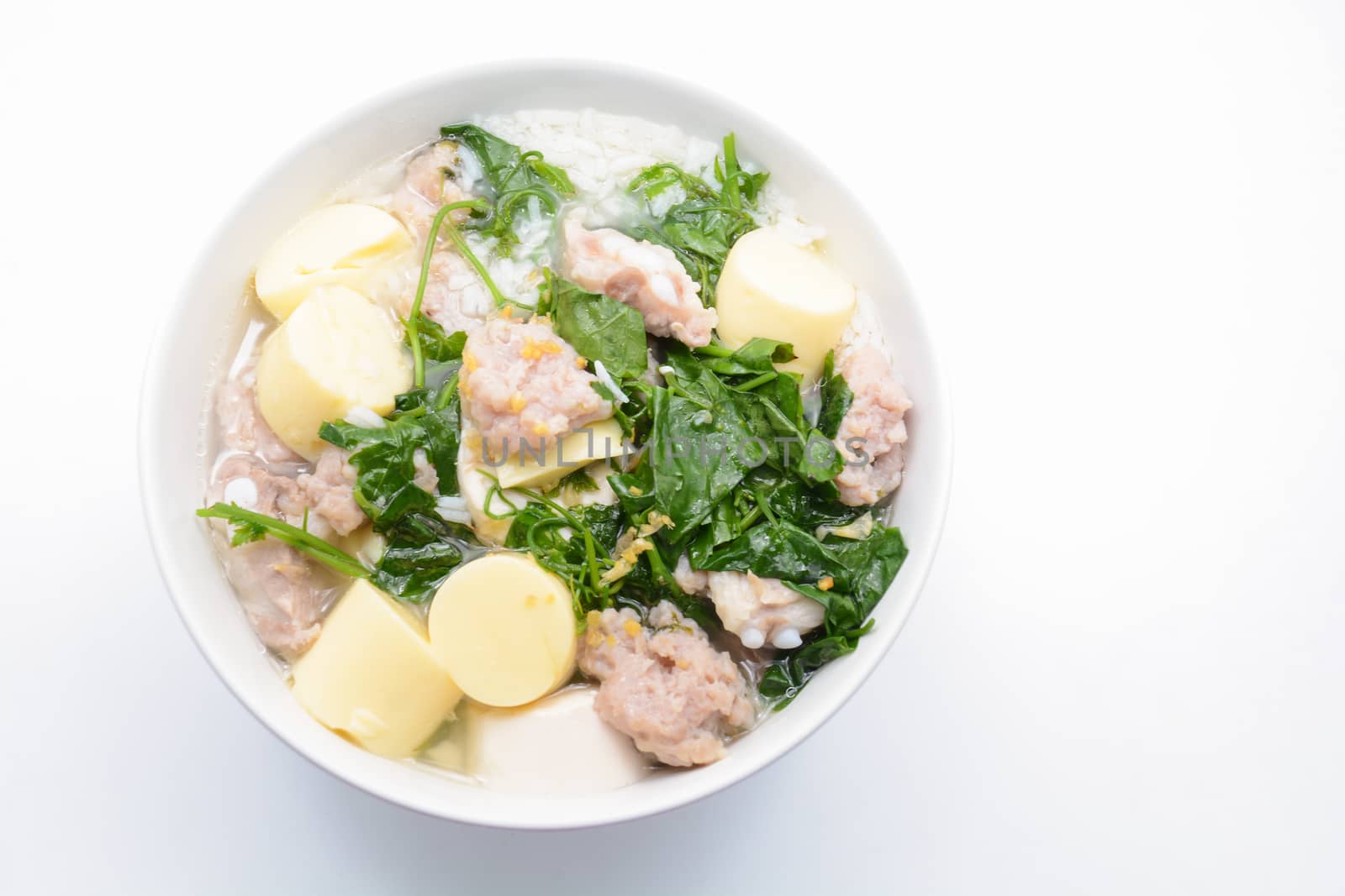 Boiled rice with pork, ivy gourd leaves and soft tofu by yuiyuize