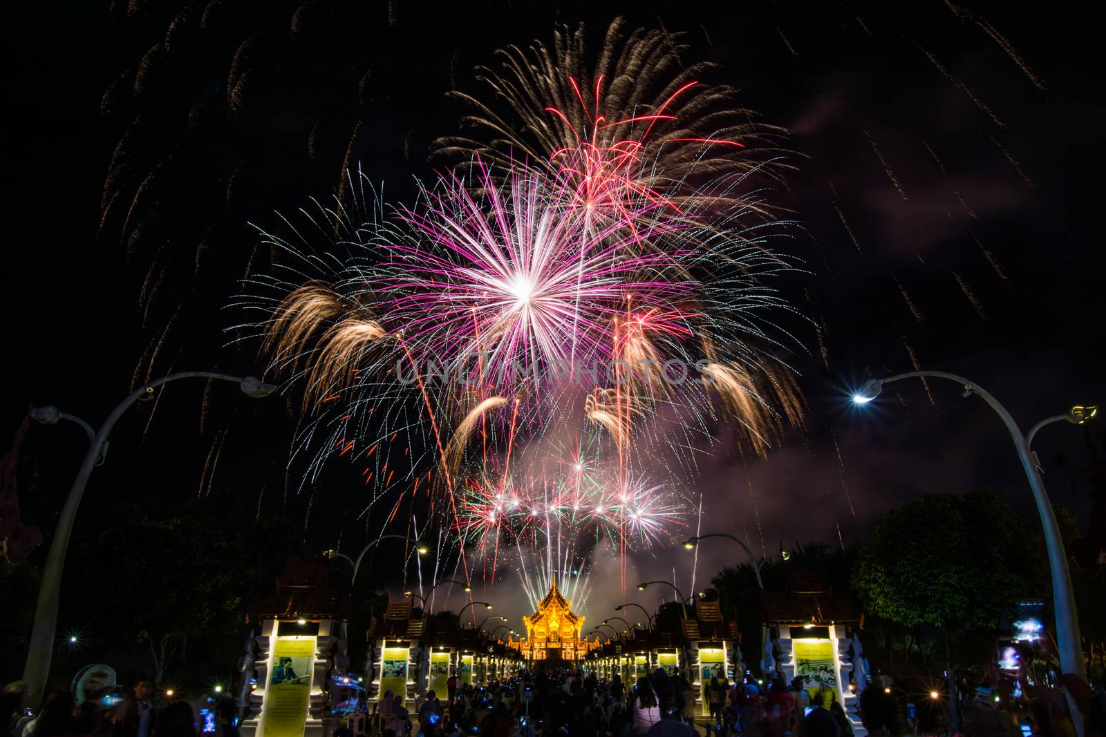 Colorful Rainbow Fireworks in the New Year 2018 Events at Royal Flora Ratchaphruek, Chiang Mai, Thailand
