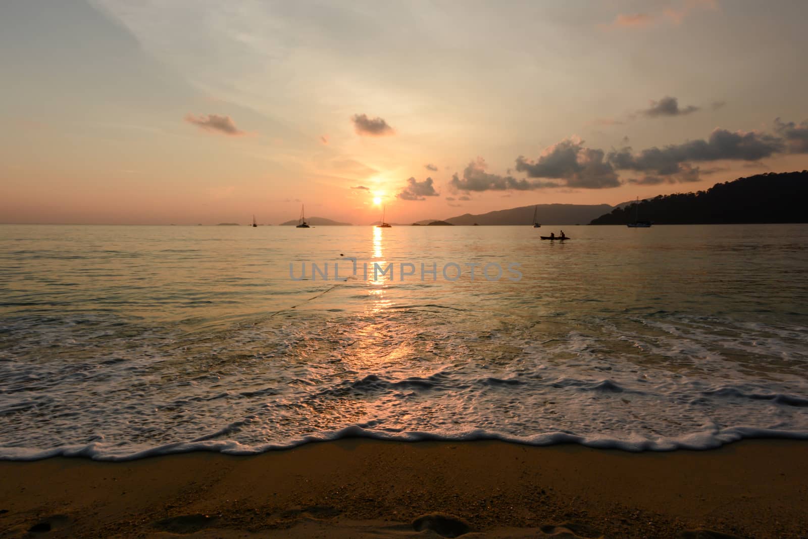 Sea tropical landscape with mountains and rocks, blue sea and blue sky