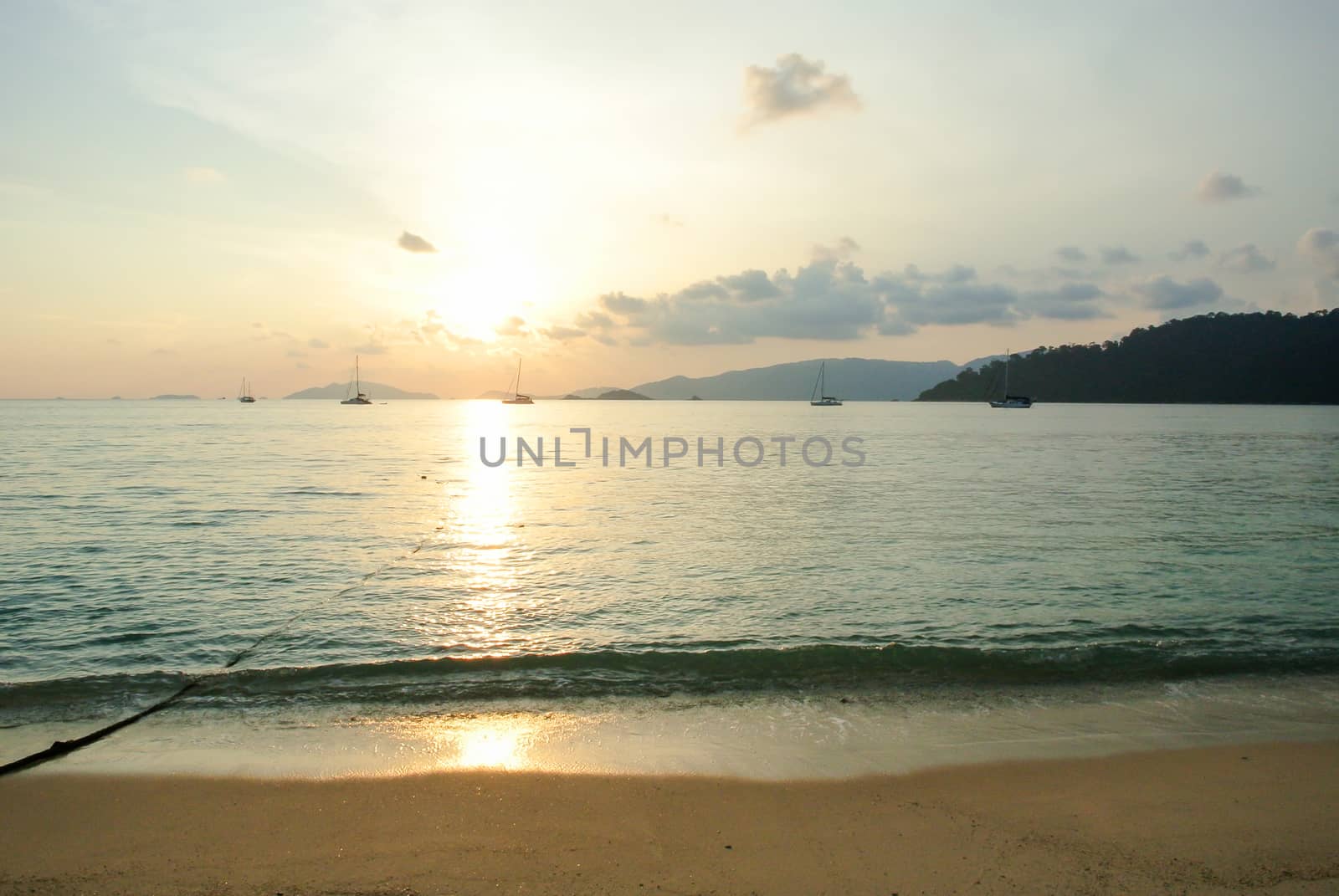 Sea tropical landscape with mountains and rocks, blue sea and blue sky