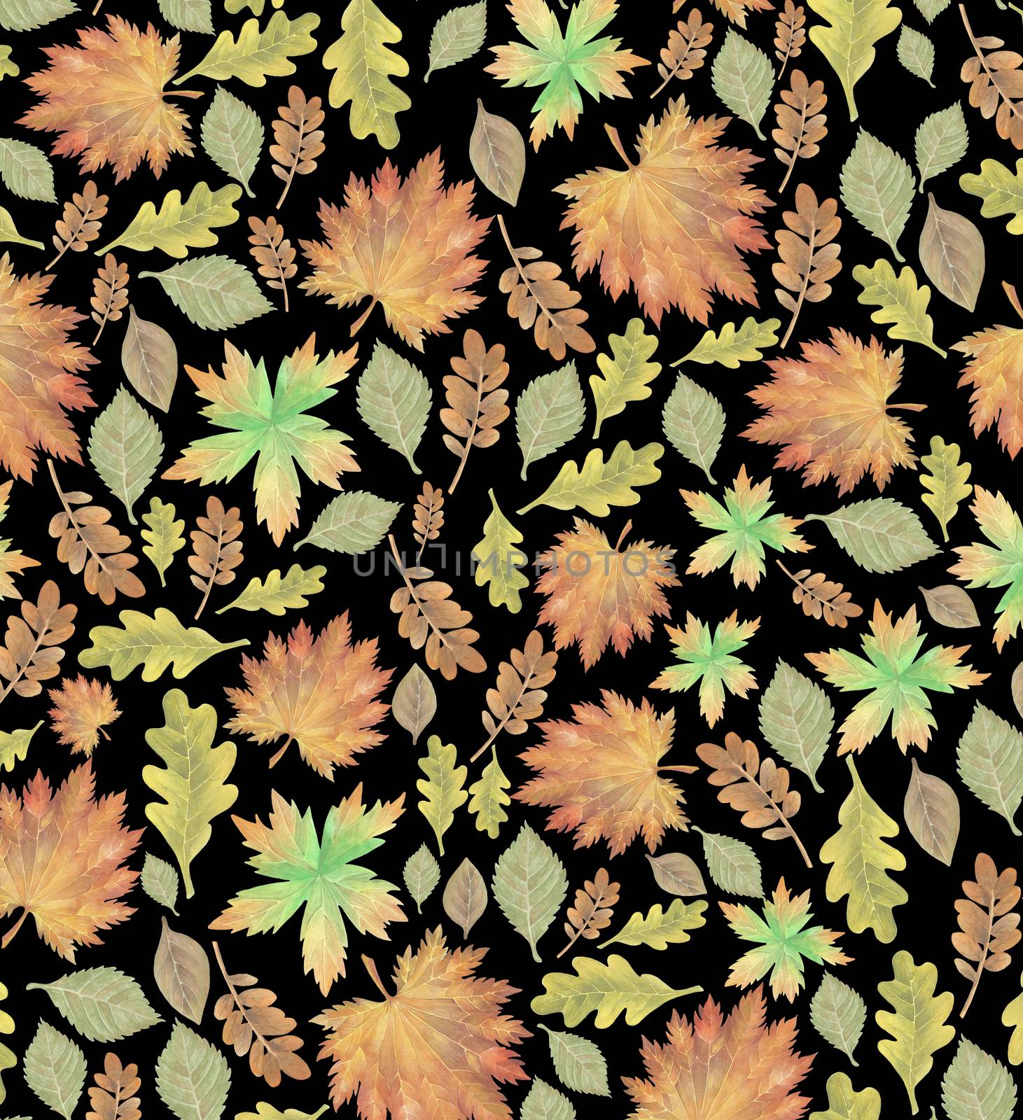 Seamless pattern with different autumn leaves, hand-drawn watercolor painting