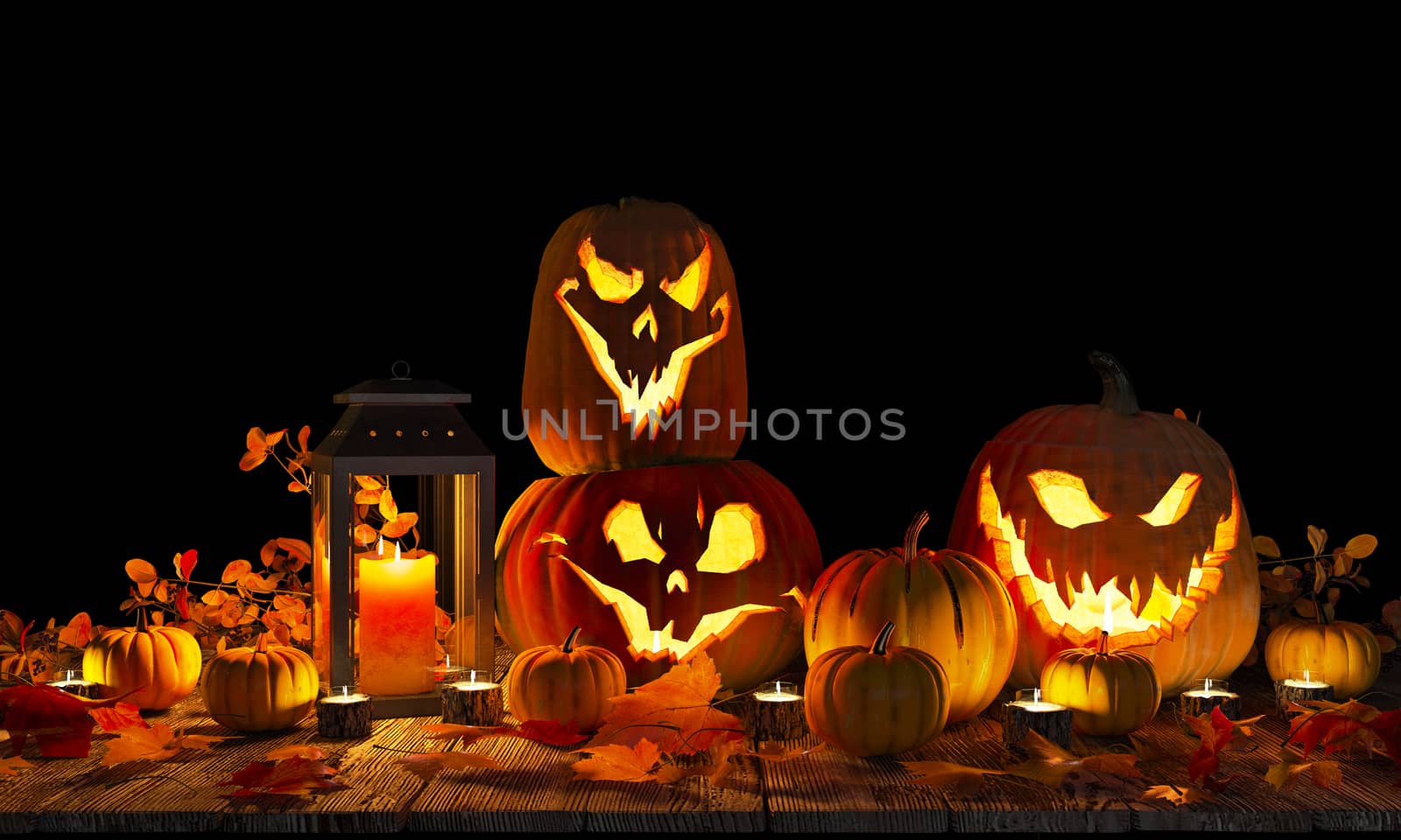 Background with carved scary pumpkins, candles and dry leaves on a wooden base